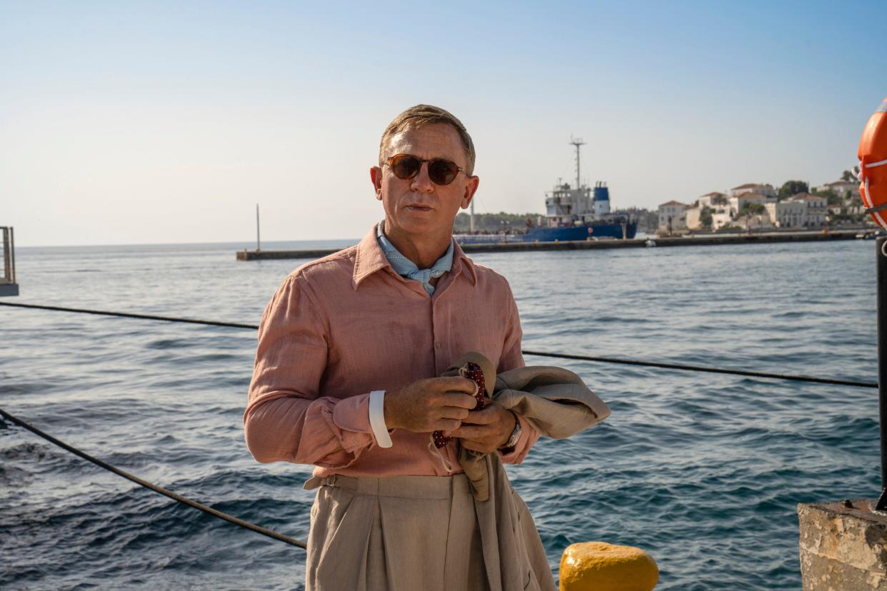 Detective Benoit Blanc (Daniel Craig) is desperate to find his next "great case" when he's mysteriously invited to a Greek island getaway in "Glass Onion."