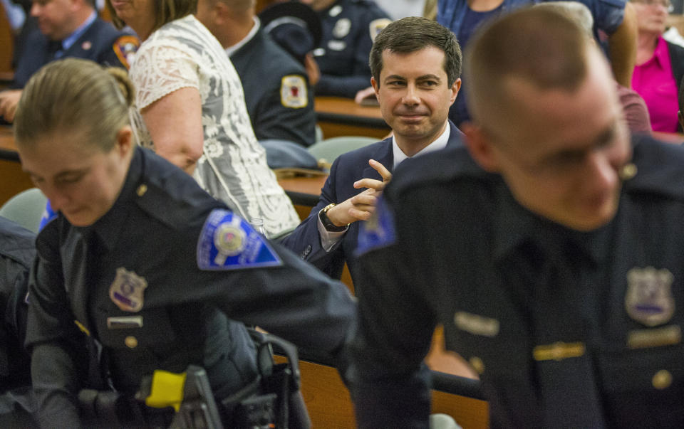 South Bend, Indiana, Mayor Pete Buttigieg attends the city's police officer swearing-in ceremony on Wednesday, days after a white officer fatally shot a black man in the city. (Photo: ASSOCIATED PRESS)