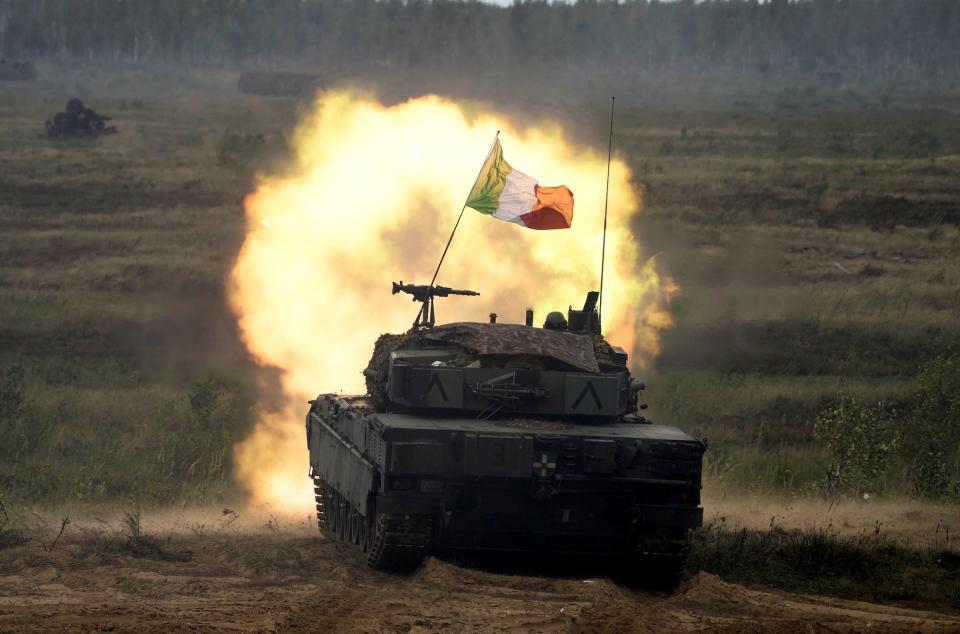 Italian Ariete tank of NATO enhanced Forward Presence battle group fires during military exercise "Silver Arrow" in Adazi, Latvia, in September 2021.