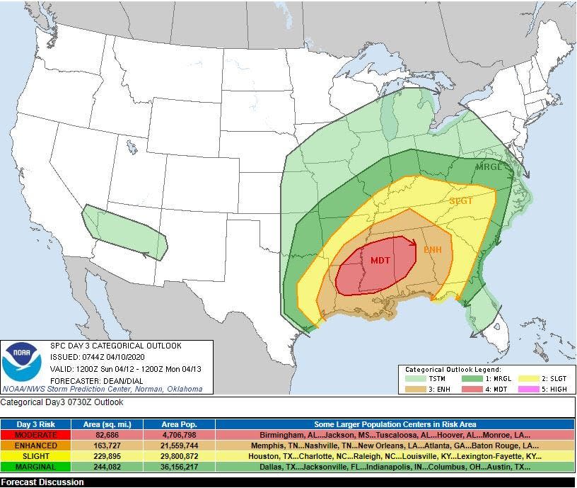 Severe thunderstorm outlook for Sunday, April 12, as of April 10.