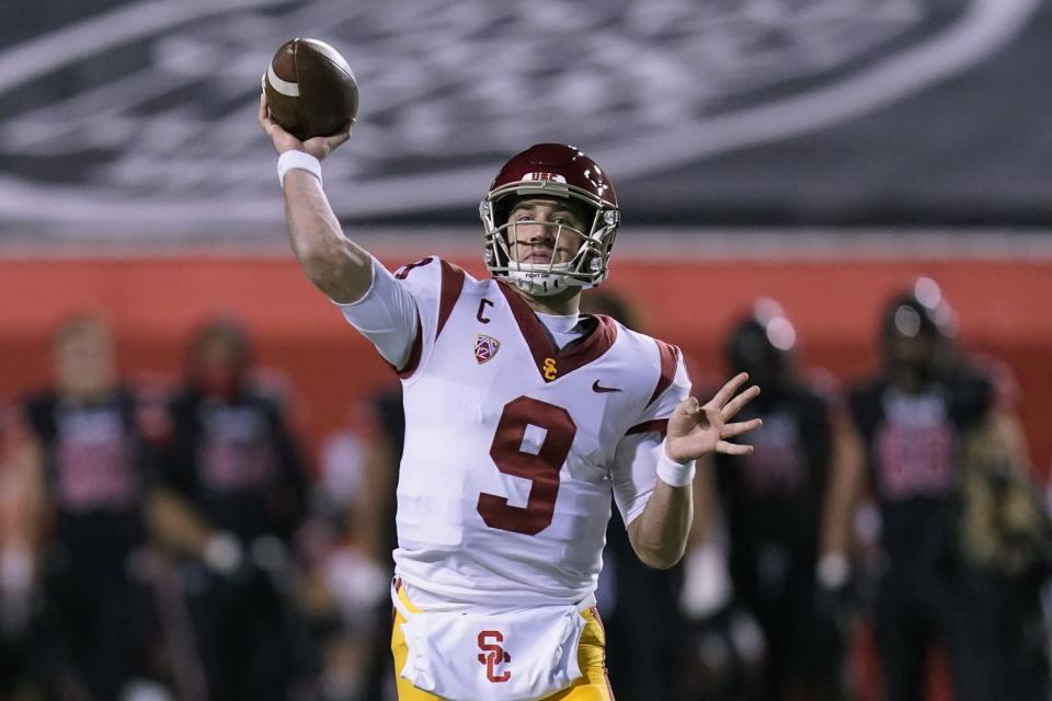 USC quarterback Kedon Slovis throws a pass during the first half against Utah on Nov. 21, 2020.