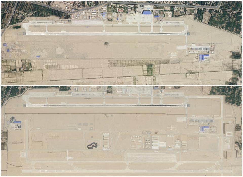 The Hotan airbase in southwest China in 2023, compared to the satellite image from 2023 that shows new constructions (Planet Labs PBC)