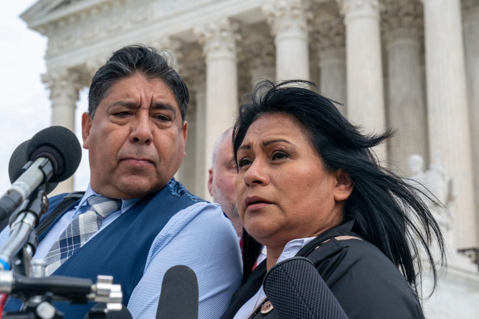 Beatriz Gonzalez and Jose Hernandez, mother and stepfather of ISIS victim Nohemi Gonzalez, speak outside the Supreme Court on Feb. 21, 2023.