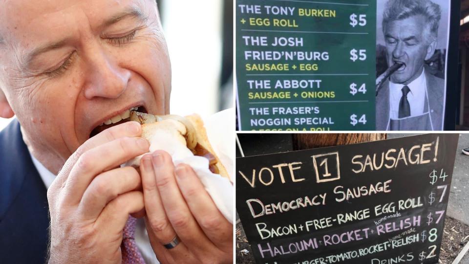 Labor leader Bill Shorten enjoys a sausage sizzle while appearing on the final day of the campaign trail, while Twitter users share their local #democracysausage offerings. Images: Getty, Twitter