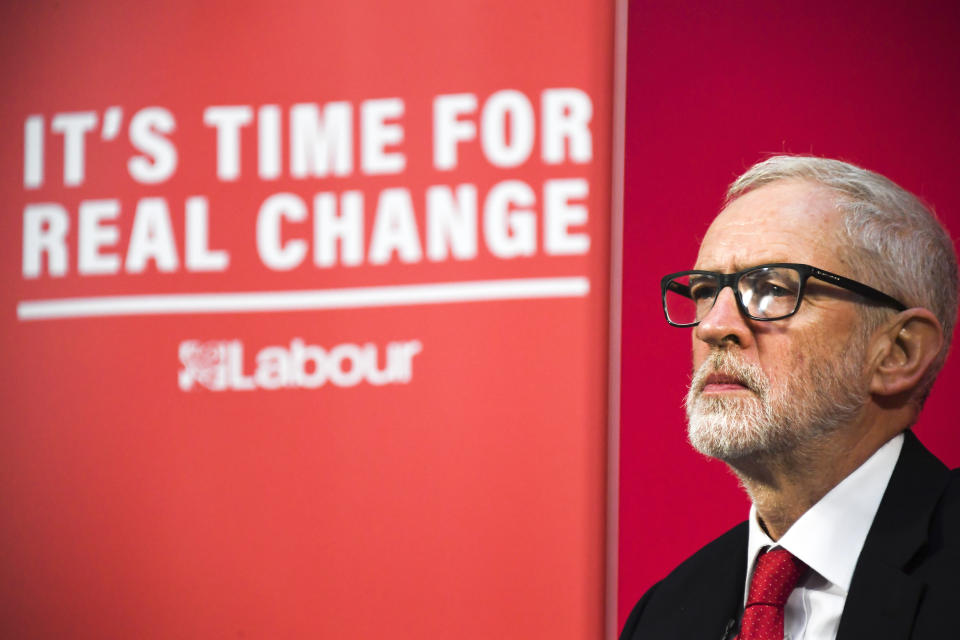 Britain's Labour Party leader Jeremy Corbyn speaks during a press conference in London, Friday, Dec. 6, 2019, ahead of the general election on Dec. 12. All 650 seats in the House of Commons are up for grabs next Thursday. (AP Photo/Alberto Pezzali)