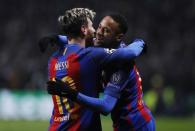 Britain Football Soccer - Celtic v FC Barcelona - UEFA Champions League Group Stage - Group C - Celtic Park, Glasgow, Scotland - 23/11/16 Barcelona's Lionel Messi celebrates scoring their first goal with Neymar Reuters / Russell Cheyne Livepic