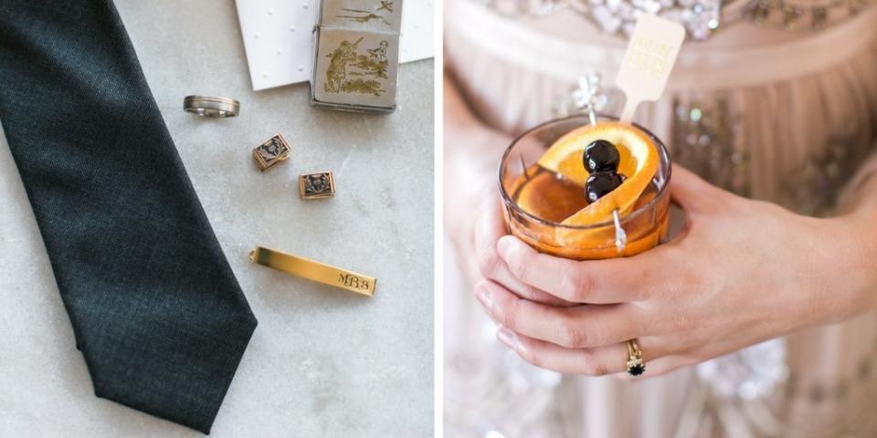 Bling details on the left and a brandy sweet, one of two cocktail options at the wedding, on the right. 