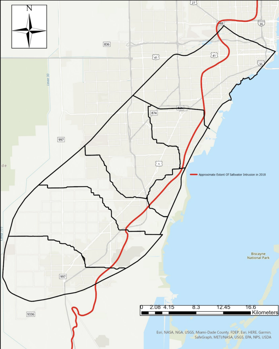 A map in the U.S. Fish and Wildlife Service species report shows estimated saltwater intrusion (red line) into the Biscayne Aquifer in Miami-Dade County as of 2018. The underground water supply also is the habitat for the rare Miami cave crayfish.