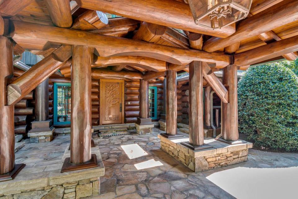 The front entrance to a $4.9 million log home for sale in South Carolina