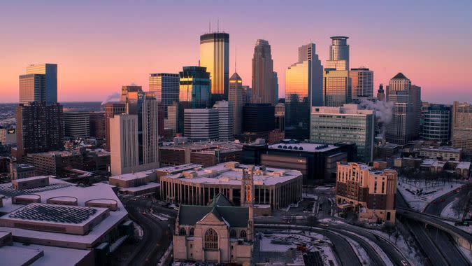 Aerial Shot of Downtown Minneapolis, Minnesota at Sunset