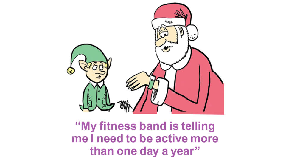 Santa jokes: Cartoon of Santa and elf with Santa saying, 