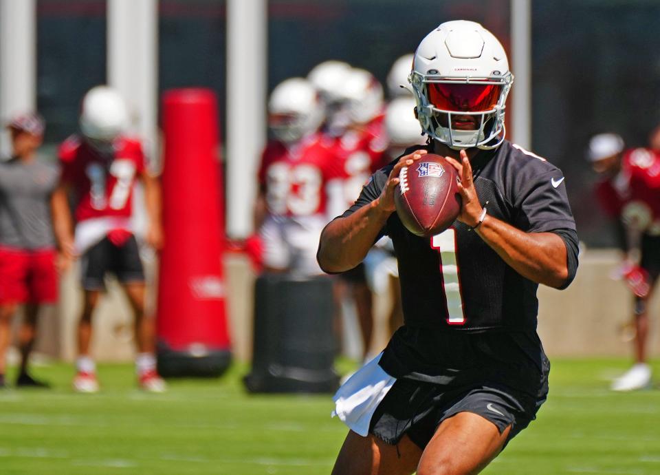 June 14, 2022; Tempe, Arizona; USA; Cardinals quarterback Kyler Murray (1) throws during camp at the Tempe Training facility.