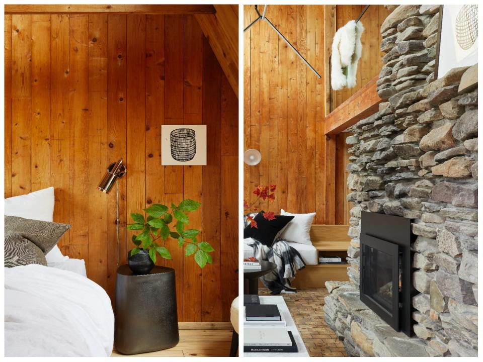 On the left, a picture of a wooden wall and a plant. On the right, a picture of a large stone fireplace.