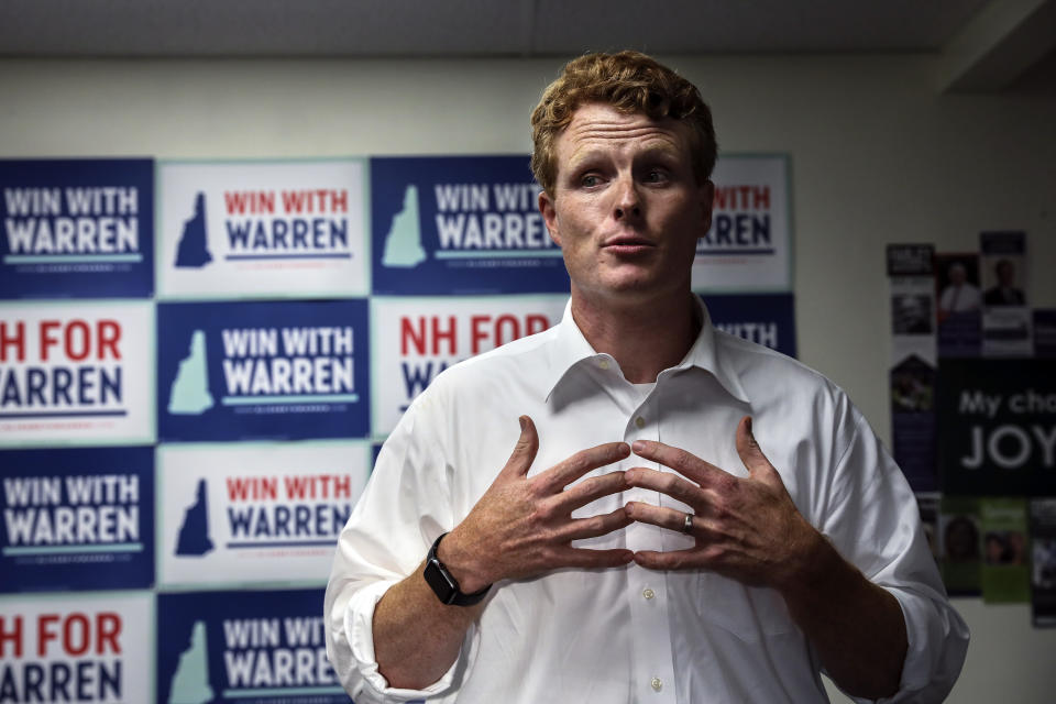 Rep. Joe Kennedy III, D-Mass., talks to volunteers while campaigning for Democratic presidential candidate Sen. Elizabeth Warren at the New Hampshire for Warren kick off field office opening in Manchester, N.H., Thursday, Sept. 5, 2019: (AP Photo/ Cheryl Senter)