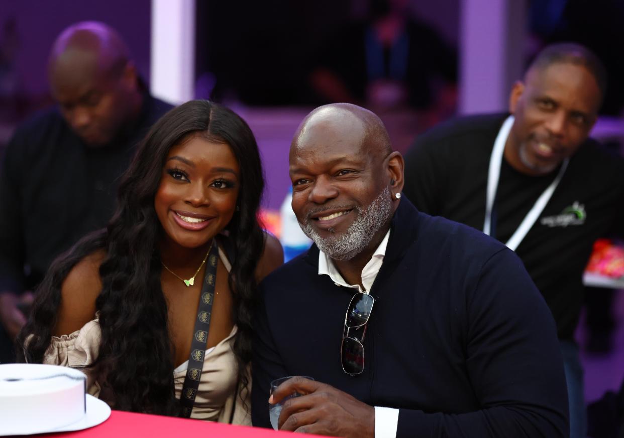 Feb 13, 2022; Inglewood, CA, USA; Emmitt Smith (right) and daughter Rheagen Smith in attendance before Super Bowl LVI between the Los Angeles Rams and the Cincinnati Bengals at SoFi Stadium. Mandatory Credit: Mark J. Rebilas-USA TODAY Sports