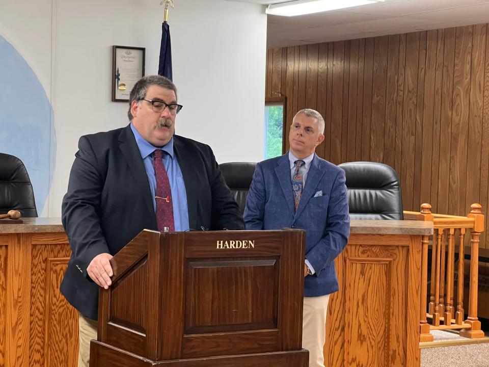 Vienna Town Supervisor Michael M. Davis Sr. speaks Monday, July 10 about the county bringing broadband internet to the community. Oneida County Executive Anthony Picente Jr. is looking on.