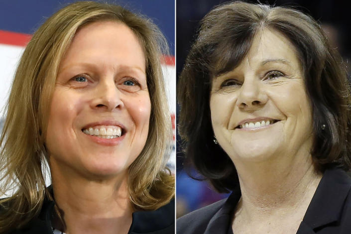 FILE - At left, Big East Commissioner Val Ackerman smiles during a press conference at Madison Square Garden in New York, Thursday, June 27, 2019. At right, Atlantic 10 Commissioner Bernadette McGlade smiles after the NCAA college basketball Atlantic 10 conference tournament championship game between Saint Joseph's and VCU at the Barclays Center in New York, Sunday, March 16, 2014. Both McGlade and Ackerman praised what the NCAA did last season by paying men’s and women’s basketball officials equally in the tournaments after a review showed many inequities between the two sports. However, both said the tournaments aren't the same as regular-season conference games. (AP Photo/File)