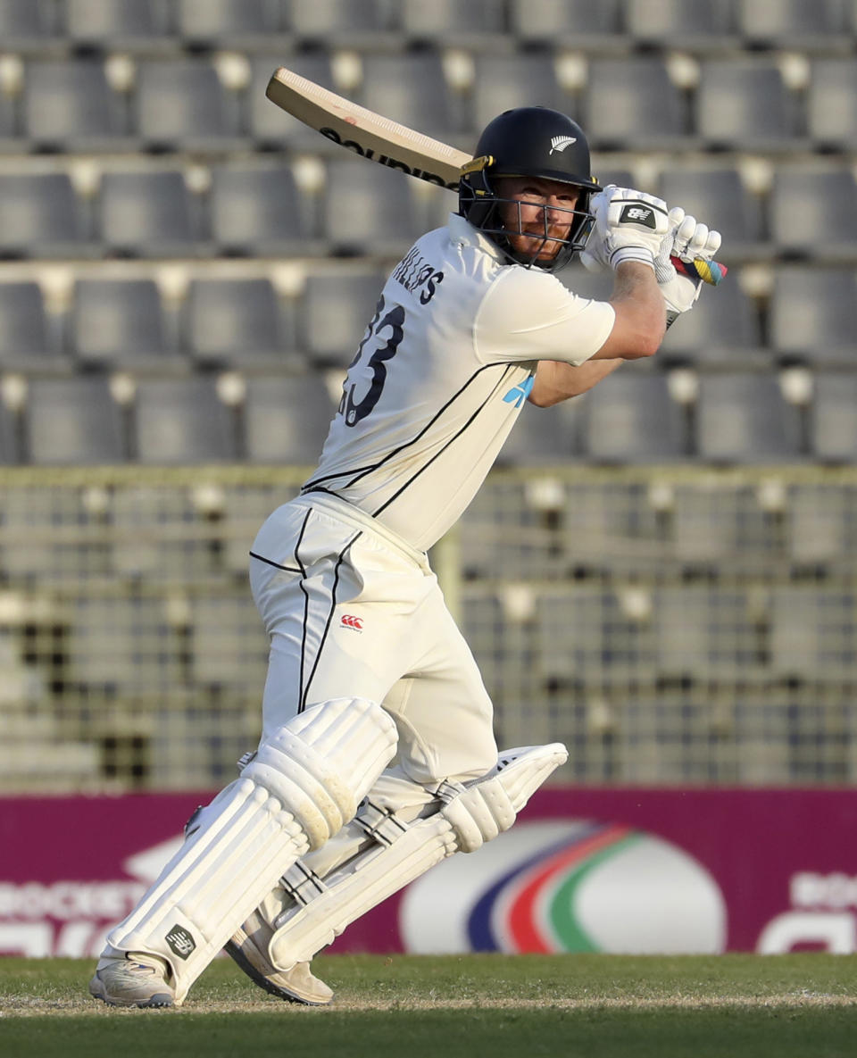 New Zealand's Glenn Phillips bats during the second day of the first test cricket match at Sylhet, Bangladesh, Wednesday, Nov. 29, 2023. (AP Photo/Mosaraf Hossain)