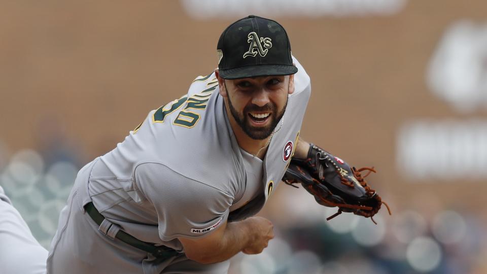 Oakland Athletics relief pitcher Lou Trivino throws during a baseball game, Saturday, May 18, 2019, in Detroit. (AP Photo/Carlos Osorio)