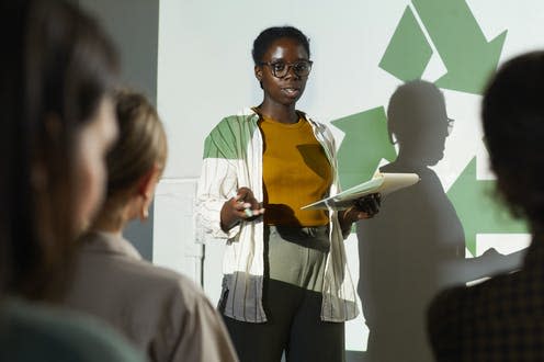 <span class="caption">Cutting driving and flying are two of the most eco-friendly actions you can take.</span> <span class="attribution"><a class="link " href="https://www.shutterstock.com/image-photo/portrait-young-africanamerican-woman-giving-speech-1818952307" rel="nofollow noopener" target="_blank" data-ylk="slk:Shutterstock;elm:context_link;itc:0;sec:content-canvas">Shutterstock</a></span>