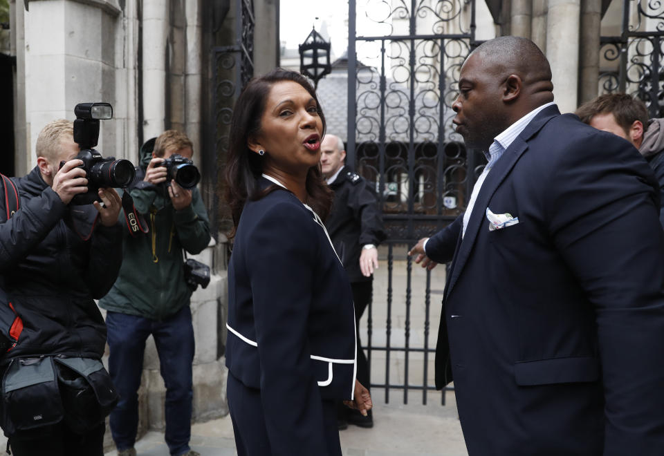 Anti Brexit campaigner Gina Miller arrives at the High Court in London, Friday, Sept. 6, 2019. The High Court has rejected a claim that Prime Minister Boris Johnson is acting unlawfully in suspending Parliament for several weeks ahead of the country’s scheduled departure from the European Union. (AP Photo/Alastair Grant)