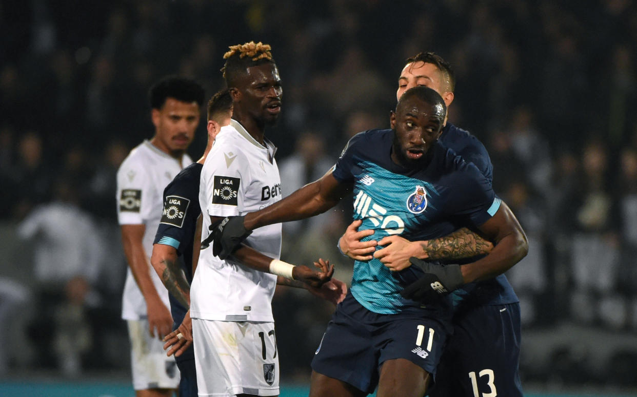 FC Porto's Malian forward Moussa Marega attempts to leave the pitch after hearing monkey chants following his goal. (MIGUEL RIOPA/AFP via Getty Images)