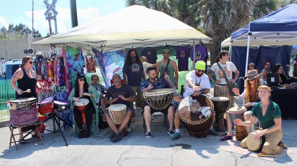 A drum circle performs during the April 22 Brevard Hemp Fest at American Legion Post 191 in Melbourne.