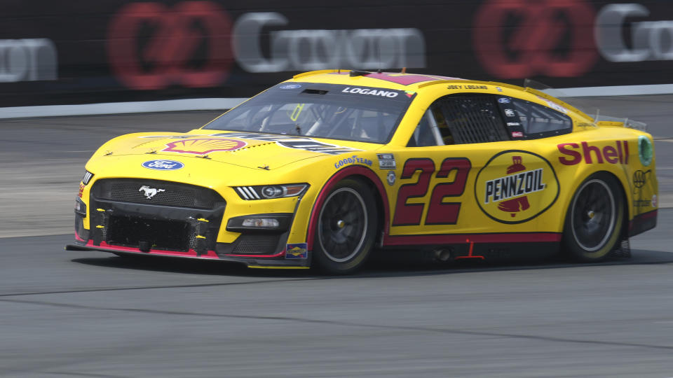 Joey Logano steers his car out of Turn 4 during the Crayon 301 NASCAR Cup Series race Monday, July 17, 2023, at New Hampshire Motor Speedway, in Loudon, N.H. (AP Photo/Steven Senne)
