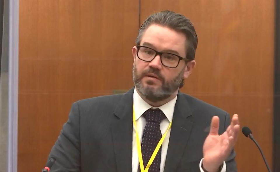 In this screen grab from video, defense attorney Eric Nelson speaks as Hennepin County District Judge Peter Cahill presides over jury selection in the trial of former Minneapolis police officer Derek Chauvin on Wednesday, March 17, 2021 at the Hennepin County courthouse in Minneapolis.