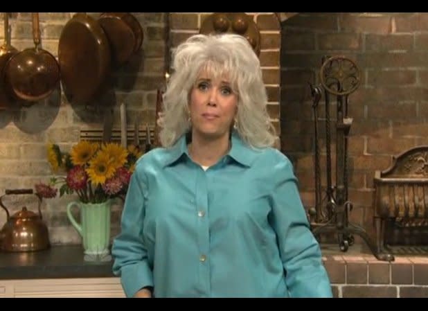 Paula isn’t under fire just over some particularly colorful statements, but (in this skit) for promoting some seriously fattening foods. Her solution? Soak that booter and awlright up with one of her Big Ol’ Soakem eight-ply paper towels. Kristen Wiig nails it with an awfully over-exaggerated impersonation, complete with devouring a tub of butter.    <em>Photo Credit: Hulu </em>