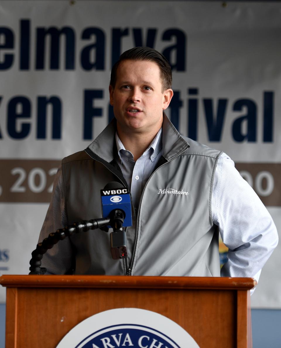 Zach Evans, president of the Delmarva Chicken Association, speaks about the return of the Delmarva Chicken Festival on Monday, March 13, 2023, at the Arthur W. Perdue Stadium in Salisbury. The festival will be held at the stadium later this year, Oct. 7 from 1-7 p.m.