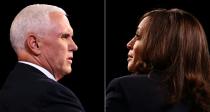 (COMBO) This combination of pictures created on October 07, 2020 shows US Vice President Mike Pence and Democratic vice presidential nominee and Senator from California Kamala Harris during the vice presidential debate in Kingsbury Hall at the University of Utah on October 7, 2020, in Salt Lake City, Utah. (Photos by Justin Sullivan / POOL / AFP) (Photo by JUSTIN SULLIVAN/POOL/AFP via Getty Images)