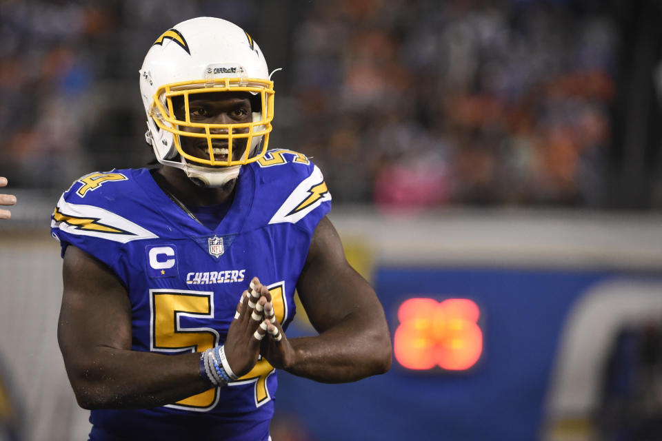 This Oct. 13, 2016 photo shows San Diego Chargers outside linebacker Melvin Ingram reacting during the second half of an NFL football game against the Denver Broncos in San Diego. The Chargers have placed the non-exclusive franchise tag on outside linebacker Melvin Ingram. The team announced its decision Monday, Feb. 27, 2017 to franchise Ingram, the pass-rushing dynamo with 18 1/2 sacks over the past two seasons. (AP Photo/Denis Poroy)
