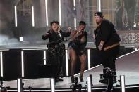 Melissa Etheridge from left, Fantasia, and Jelly Roll perform during "Live From Detroit: The Concert at Michigan Central" on Thursday, June 6, 2024, in Detroit. (AP Photo/Carlos Osorio)