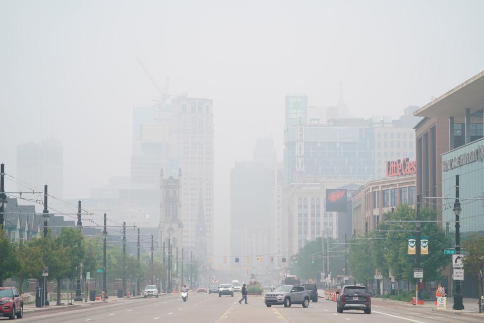 Smoke from Canadian wildfires lingers in downtown Detroit skyline off of Woodward Avenue on Tuesday, June 27, 2023.