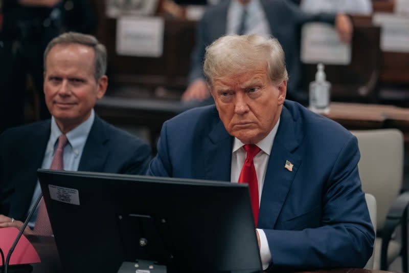 Former President Donald Trump sits in the court room on Wednesday, Day 3 of his civil fraud trial at State Supreme Court. Pool Photo by Jeenah Moon/UPI