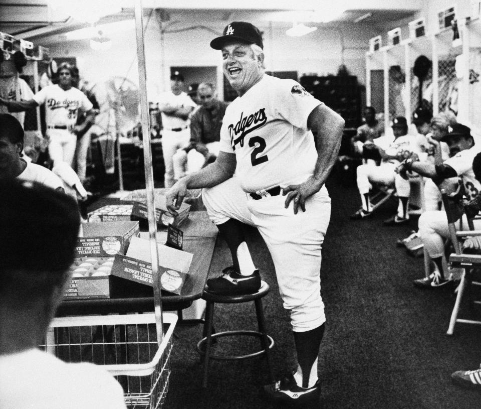 Los Angeles Dodgers manager Tom Lasorda starts a team meeting in the home locker room at Dodger Stadium, Monday, Oct. 3, 1983 in Los Angeles in preparation for the start Tuesday of the National League Championship series against the Philadelphia Phillies. (AP Photo)