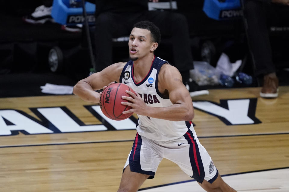 Jalen Suggs durante un juego contra Southern California en el Lucas Oil Stadium, el 30 de marzo de 2021, en Indianapolis. (AP/Darron Cummings)