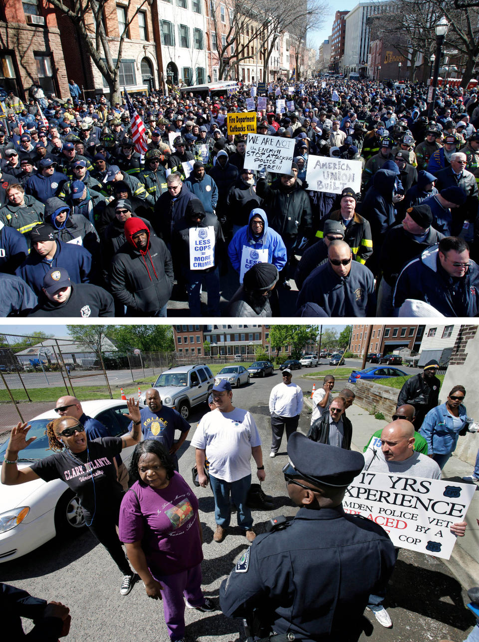 Top: In this March 3, 2011 file photograph, off-duty and retired police officers and firefighters fill a street outside the Statehouse, in Trenton, N.J., during a rally to protest staff cuts and promote public safety. Bottom: A small group of former Camden police officers complain to a new Camden County police officer as he tries to stop them from attending a ceremony for the new police force in May 2013.