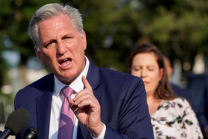 FILE PHOTO: House Minority Leader Kevin McCarthy (R-CA) speaks before a hearing on the January 6th attack on Capitol Hill in Washington