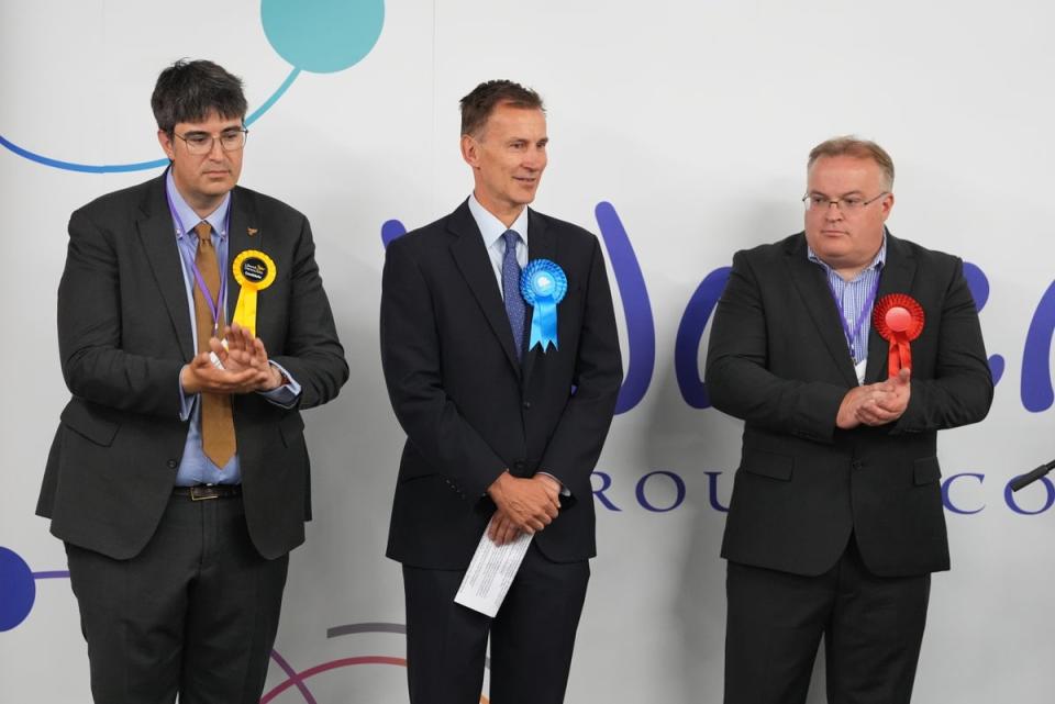 Jeremy Hunt (centre) narrowly won in Godalming and Ash, Surrey (Gareth Fuller/PA) (PA Wire)