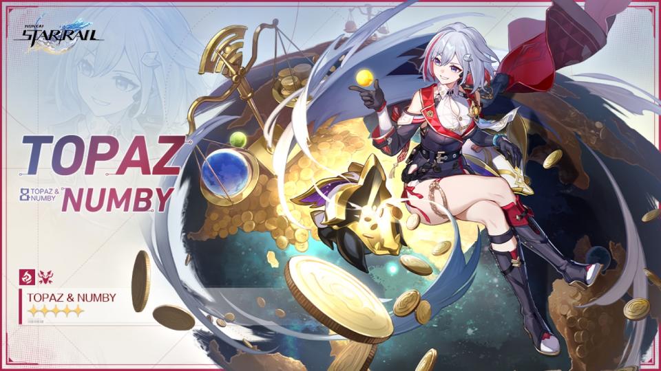 Topaz, alongside her pet Warp Trotter Numby, has been revealed to be the second 5-star character coming to Honkai: Star Rail in version 1.4 in early October. (Photo: HoYoverse)