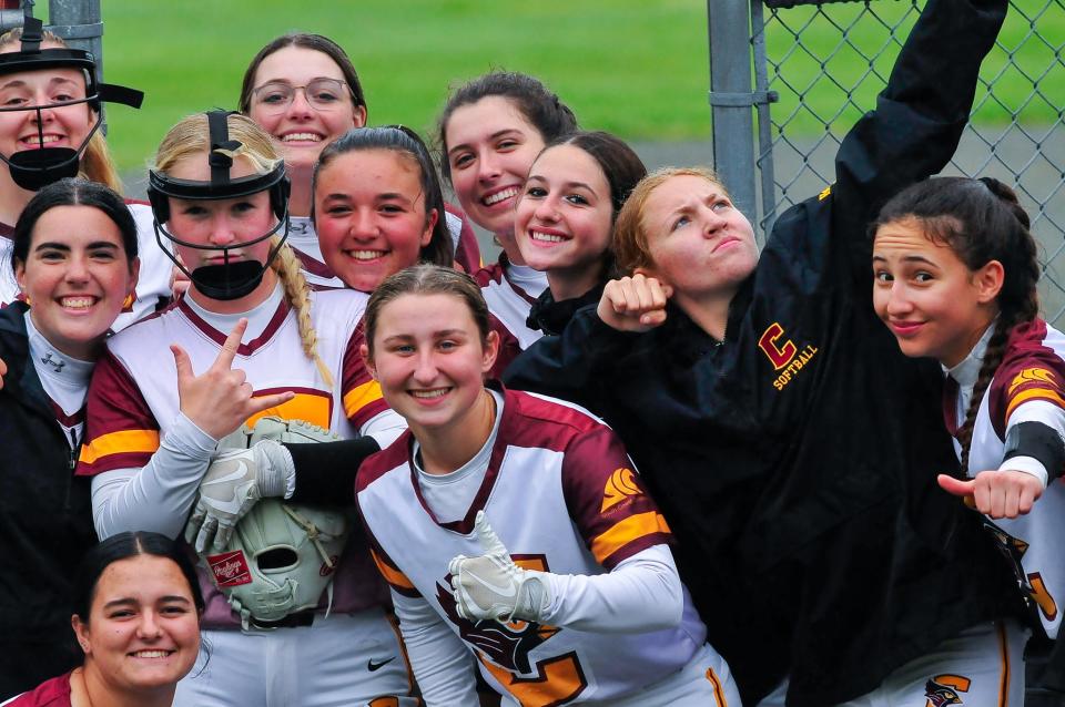 Members of the Joseph Case softball team prior to Thursday's game against New Bedford