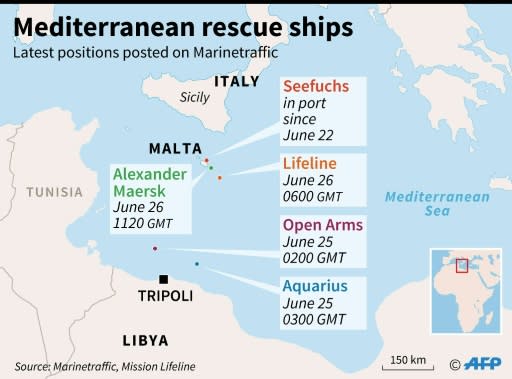 The latest positions of five commercial or humanitarian vessels that have rescued migrants in the Mediterranean Sea