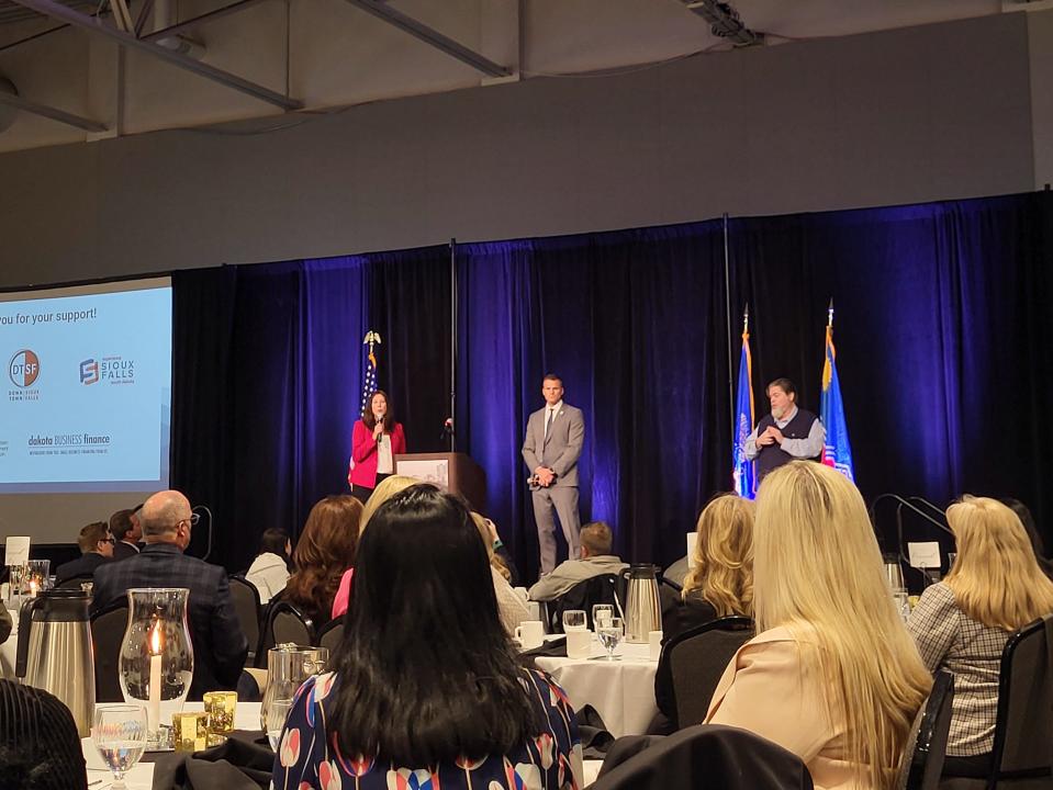 Lynne Keller Forbes, co-chair of the Riverline District, speaks about the new development at the mayor's State of the City address on  Monday, April 17, at the Sioux Falls Convention Center.