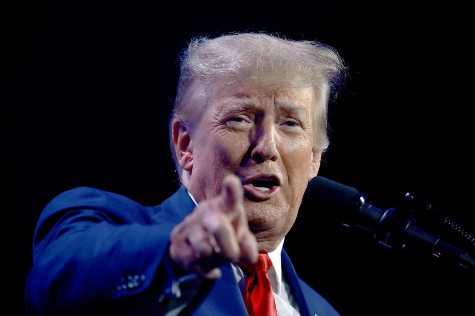 WEST PALM BEACH, FLORIDA - JULY 15: Former US President Donald Trump speaks at the Turning Point Action conference as he continues his 2024 presidential campaign on July 15, 2023 in West Palm Beach, Florida.