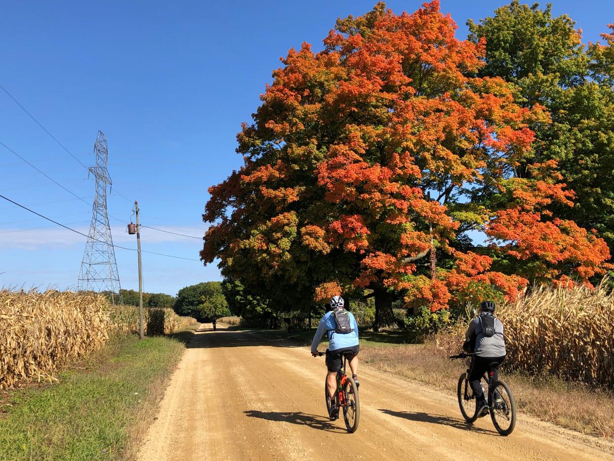 Cyclists ride along Jones Road near Berrien Springs on the Love Biketober Fest route on Oct. 9, 2022.