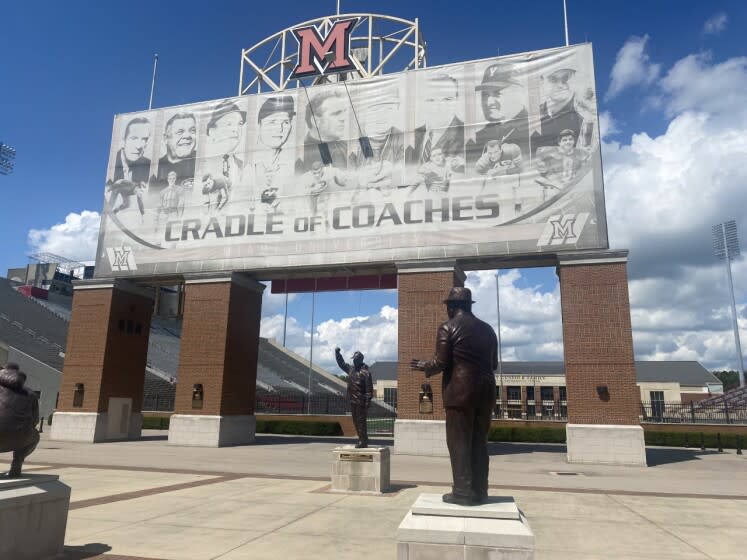 Miami of Ohio University displays statues of it's famous alumni coaches outside its football stadium.