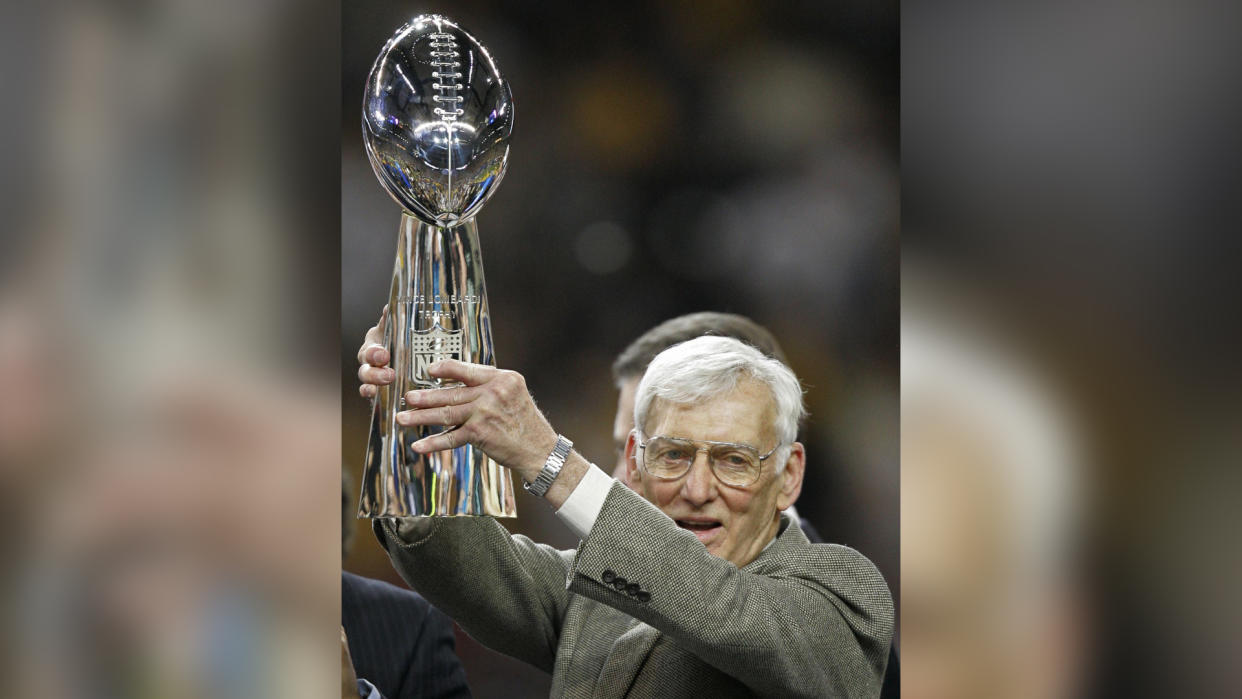 Mandatory Credit: Photo by Michael Conroy/AP/Shutterstock (6389932g)STEELERSROONEY Pittsburgh Steelers chairman Dan Rooney holds up the Vince Lombardi Trophy after their Super Bowl XL football win over the Seattle Seahawks, in Detroit.