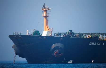 Iranian oil tanker Grace 1 sits anchored after it was seized in July by British Royal Marines off the coast of the British Mediterranean territory, in the Strait of Gibraltar